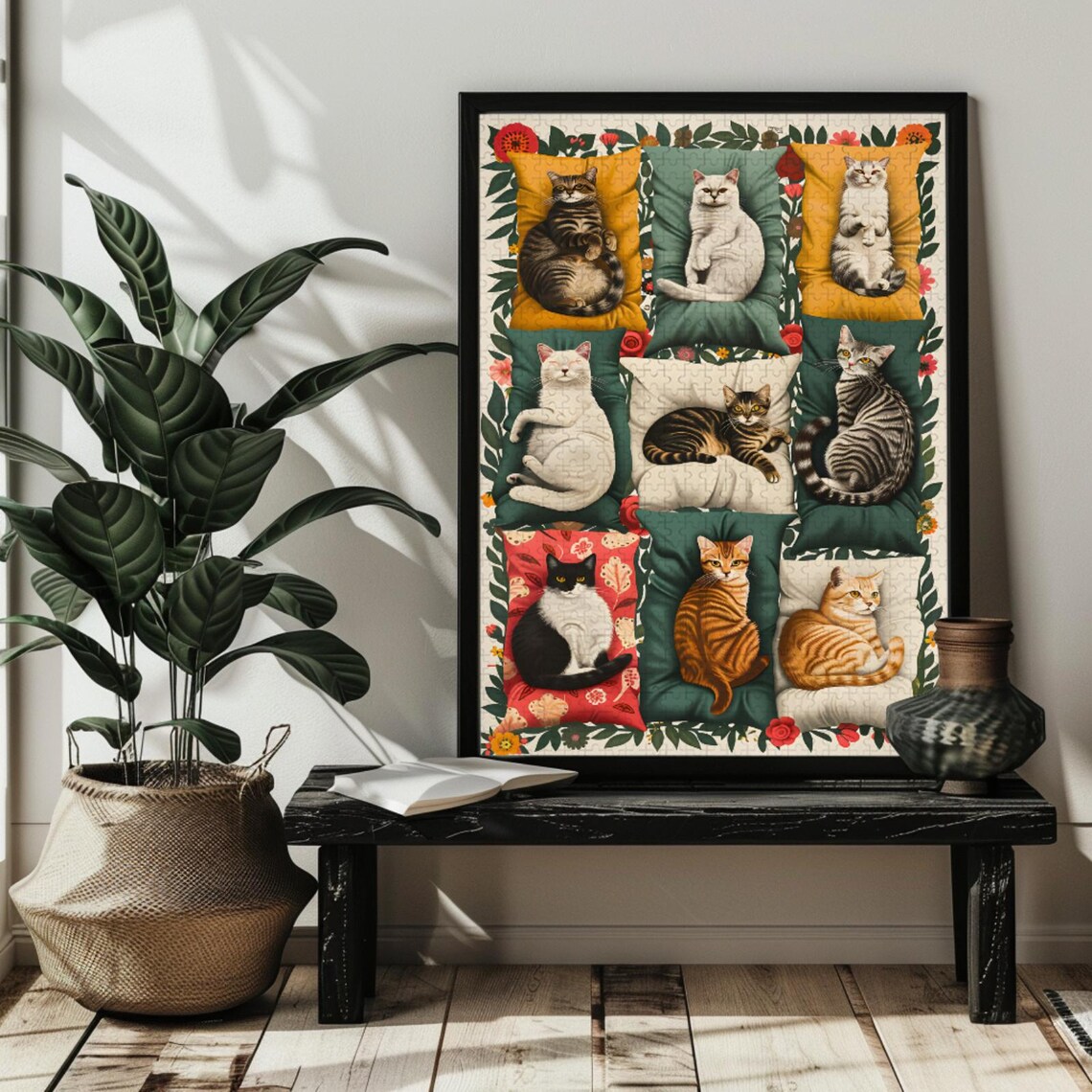 Folk Art Cat Portrait Collage Grid Fifteen Cats Faces Poster - Image 2