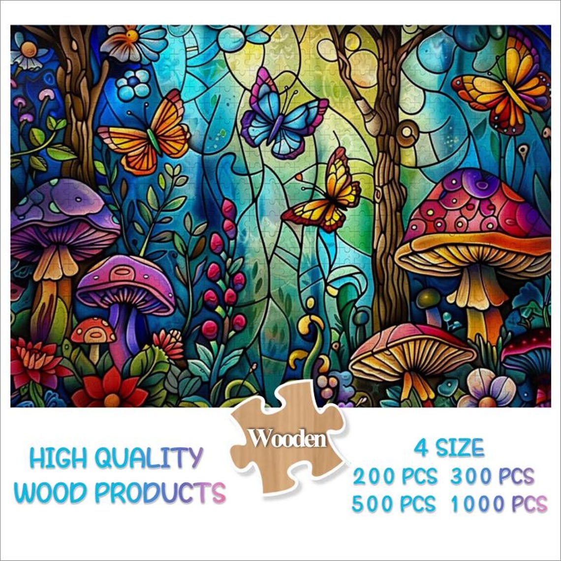 Stained Glass Mushroom Forest With Butterflies Enchanted Art Poster - Image 4