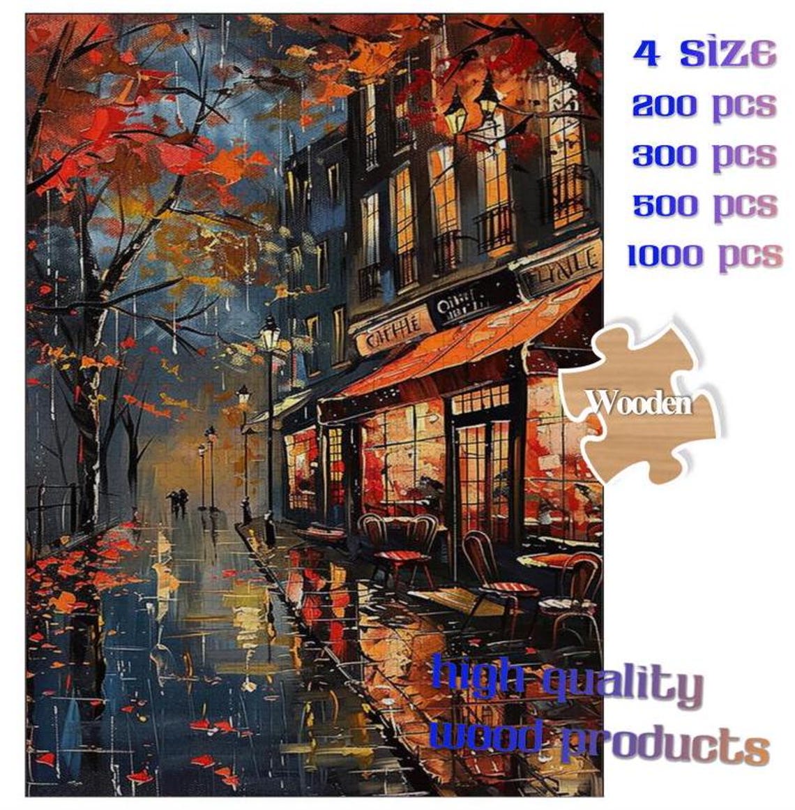 Rainy Autumn Paris Street Cafe Evening Oil Painting Scene Poster - Image 4