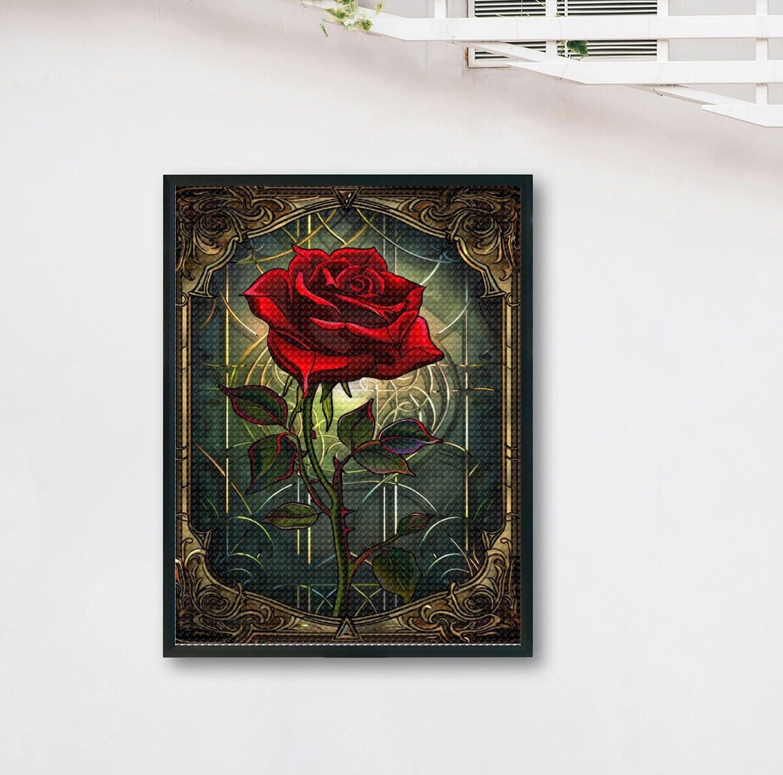Red Rose Stained Glass Art Nouveau Window Style Floral Poster