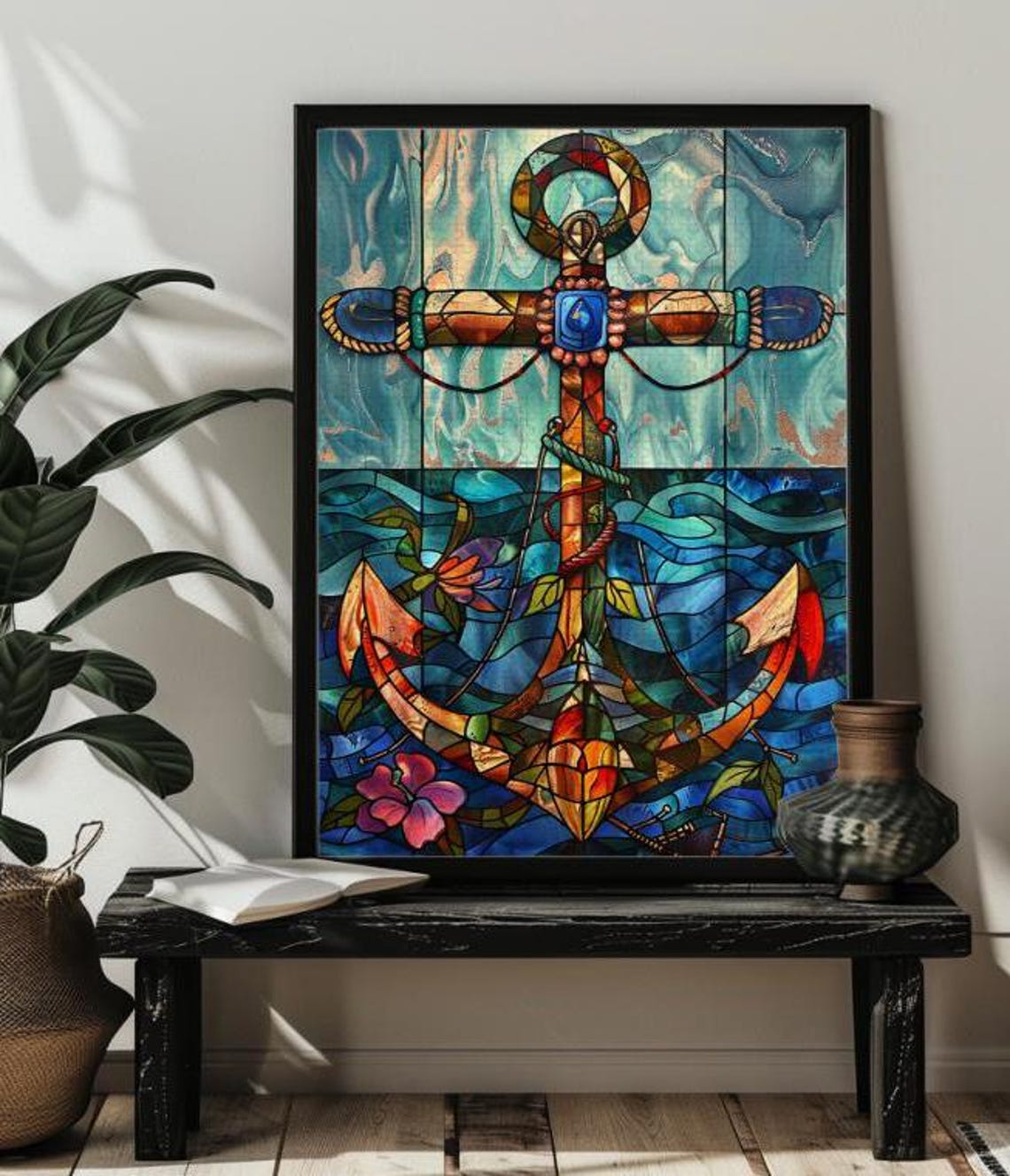 Golden Anchor Stained Glass Nautical Ocean Window Art Poster - Image 4