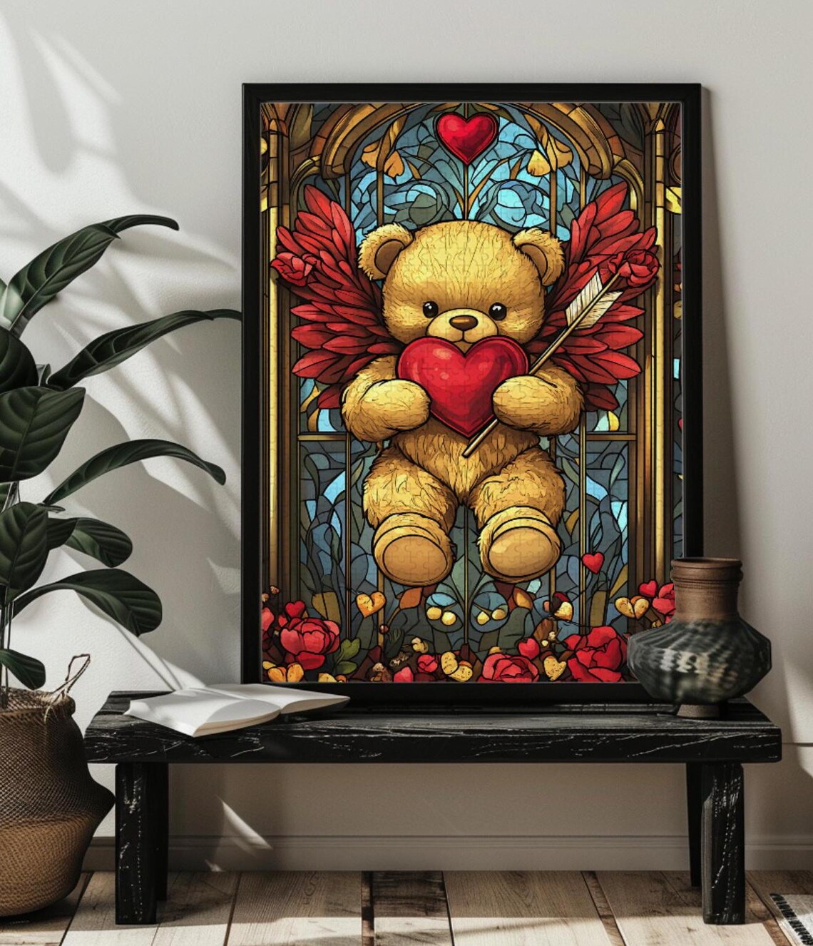 Teddy Bear Cupid with Heart and Arrow Stained Glass Love Poster