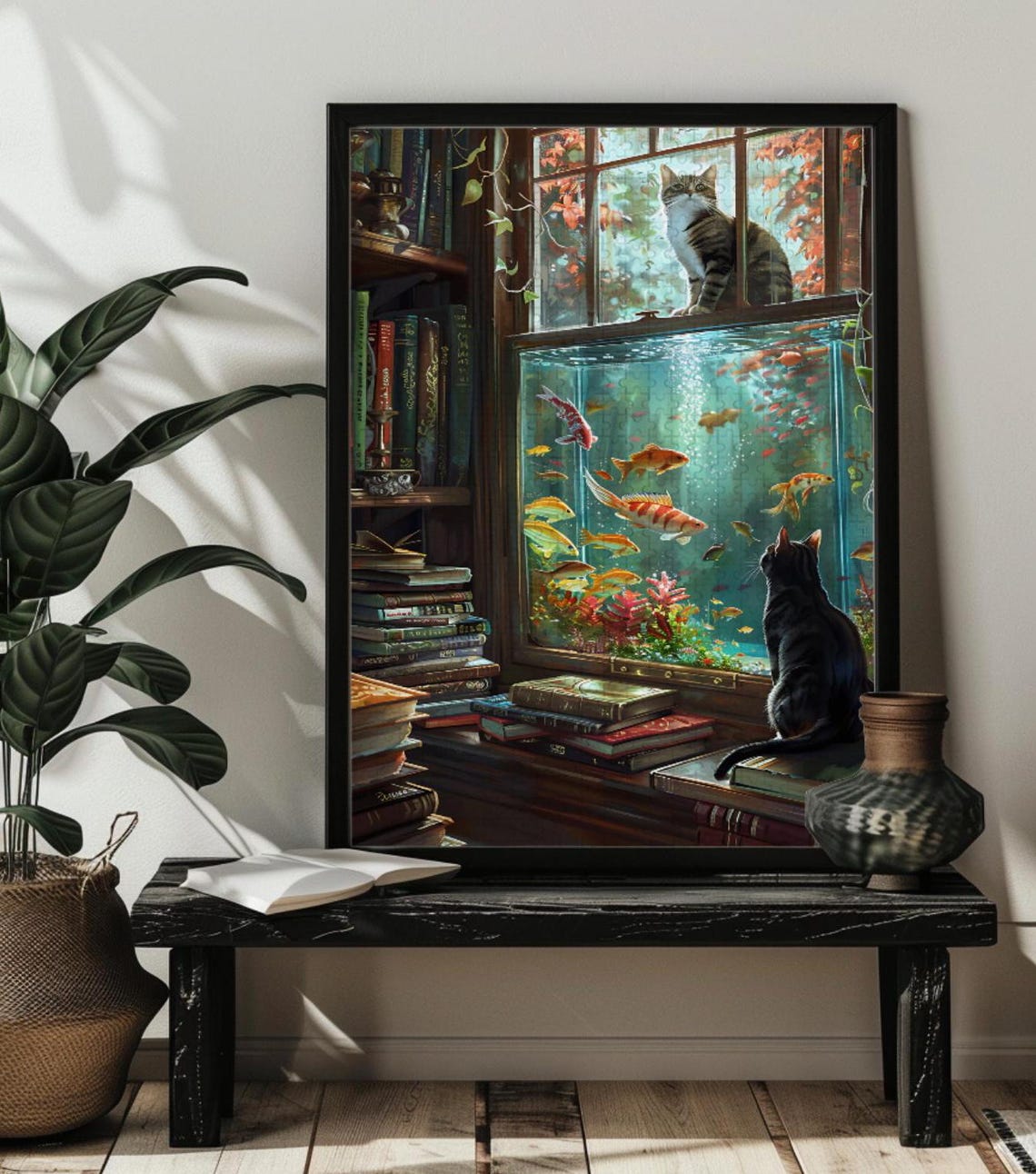 Two Cats Watching Goldfish in a Cozy Library Aquarium Poster - Image 2
