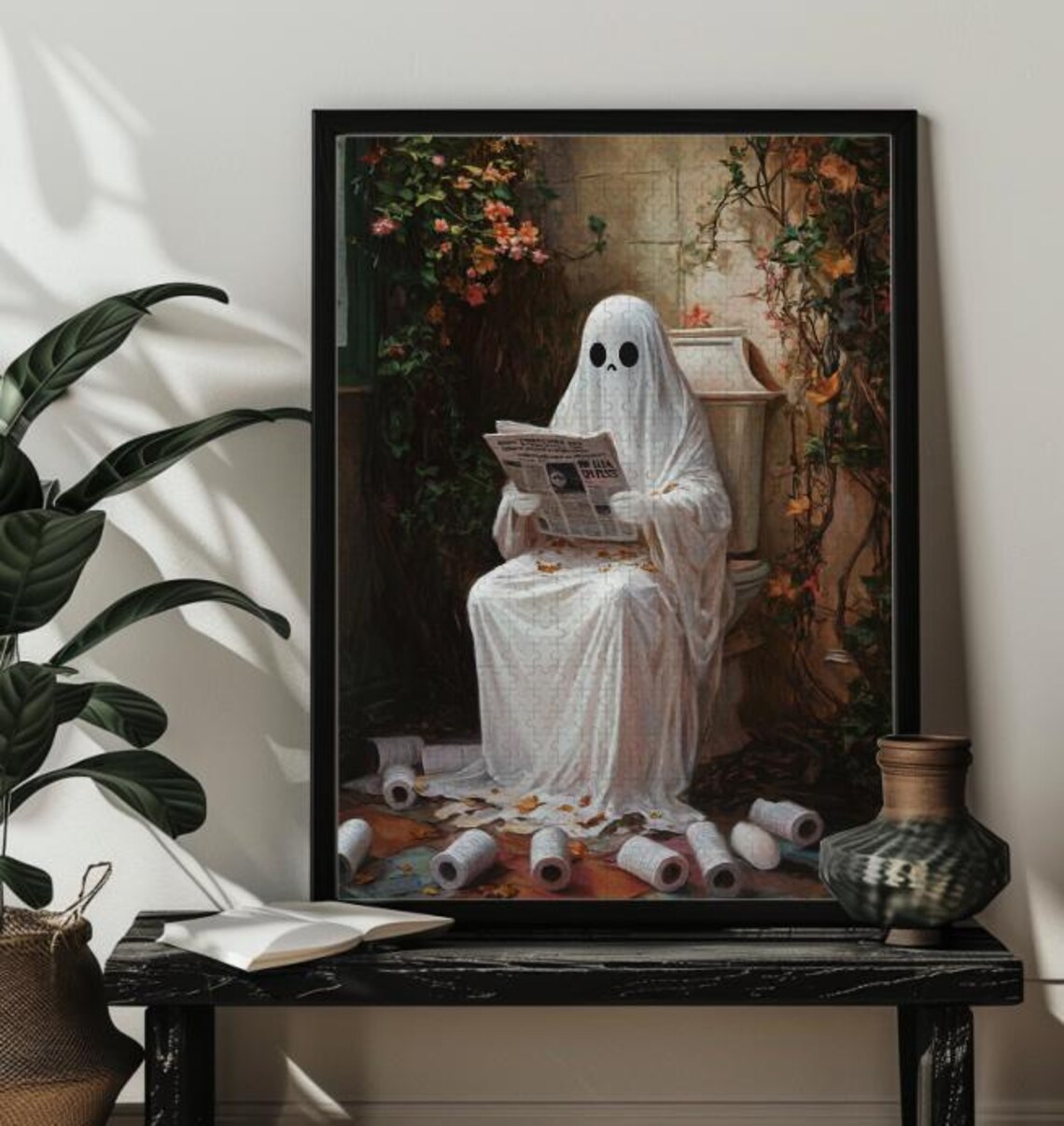 Ghost Reading Newspaper On Toilet Halloween Art Print