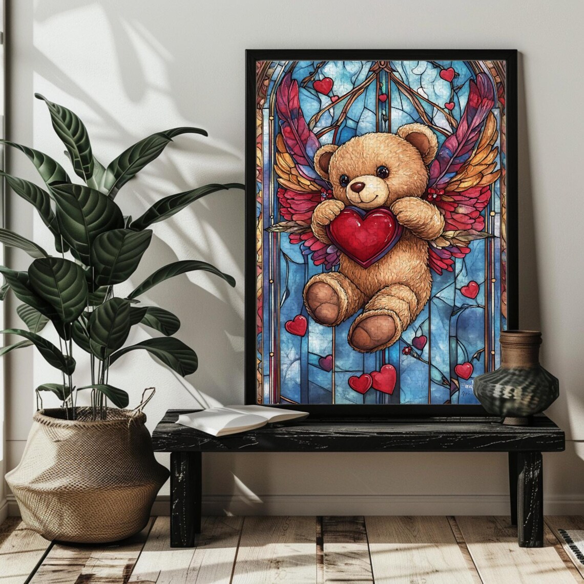 Teddy Bear Cupid with Heart and Arrow Stained Glass Love Poster - Image 4