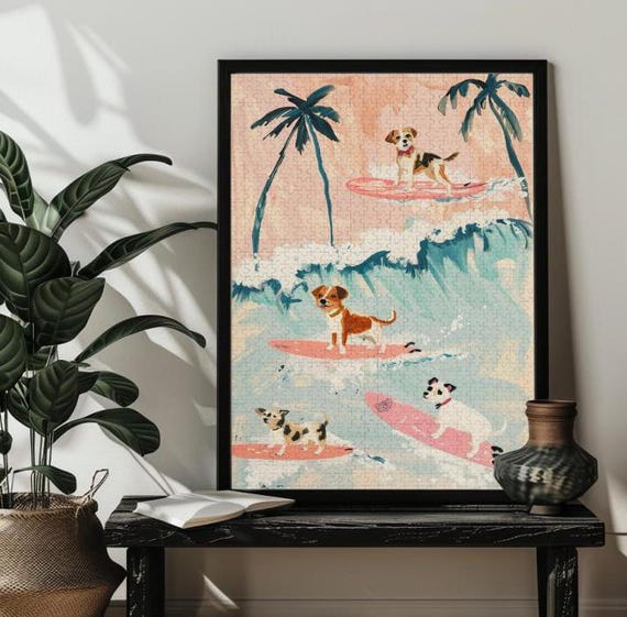 Dogs Surfing Jigsaw Puzzle 3005001000 Piecessurf Wall Art Prints Trendy Dog Lover Gift Ocean Dog Puzzlescute Bedroombathroom Decor
