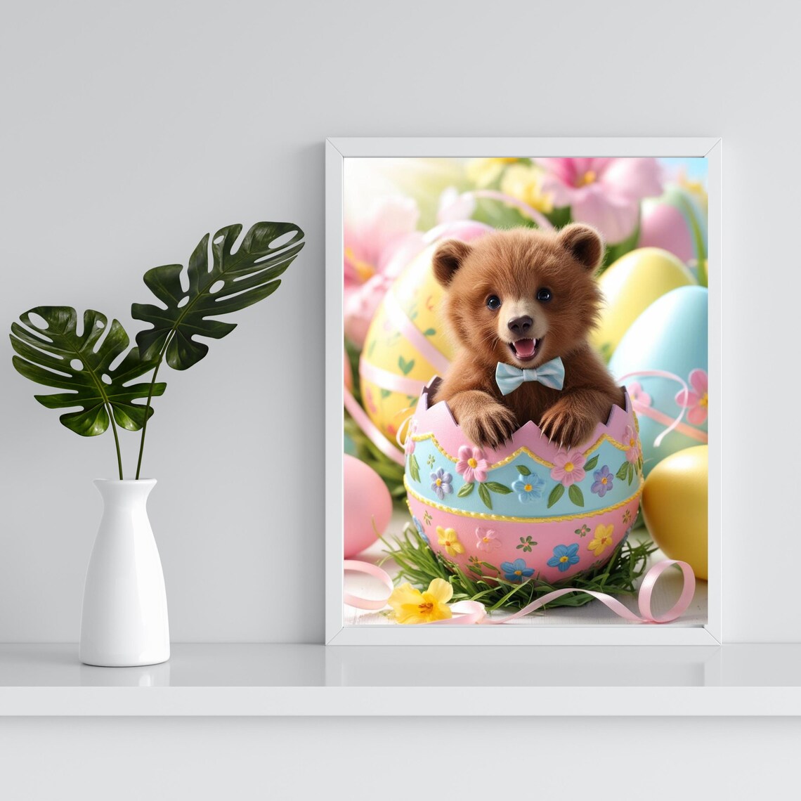 Baby Bear With Bow Tie Sitting In Decorated Easter Egg Poster - Image 2