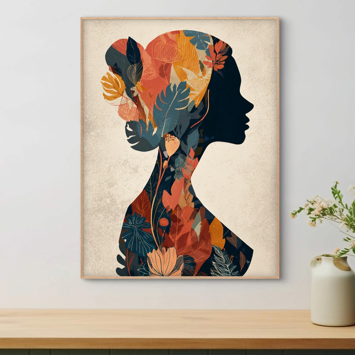Woman Silhouette Double Profile With Autumn Botanical Flowers Poster