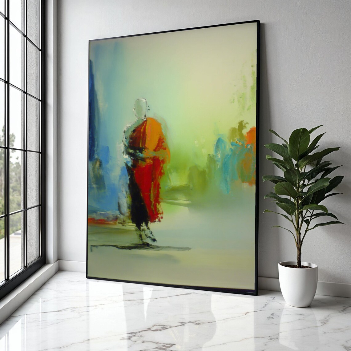 Abstract Walking Monk Red Robe Misty Minimalist Zen Spiritual Art Poster