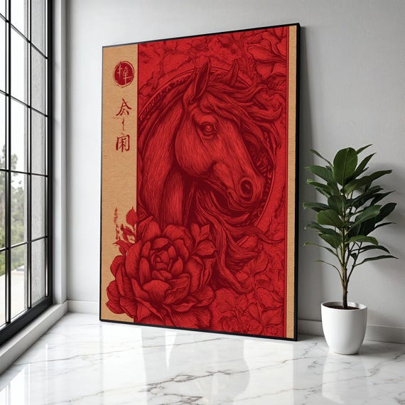 Elegant Red Horse Canvas Wall Art Vintage Floral And Animal Illustration Chinese Style Decorative Gift Home Decor Print