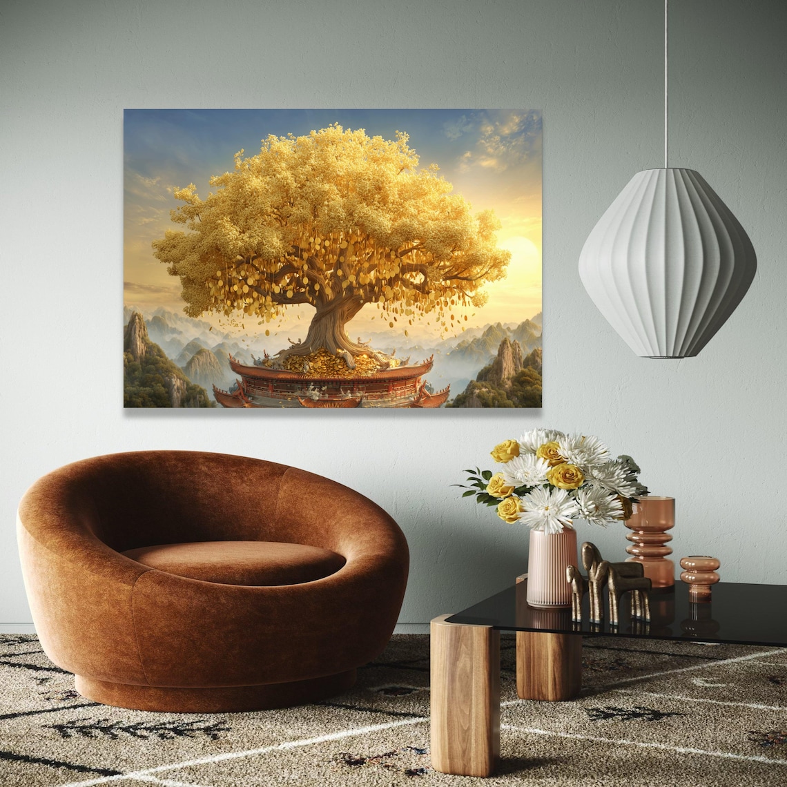 Majestic Golden Money Tree Feng Shui Prosperity Decor Poster