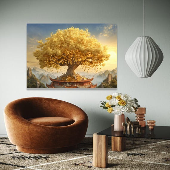 Golden Money Tree Feng Shui Canvas Art Prosperity Wall Decoration Wealth Symbol Asian Style Home Gift Decor Print