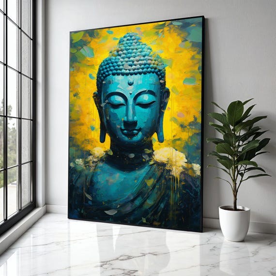 Tranquil Blue Buddha Canvas Spiritual Meditation Wall Art Abstract Zen Decor Vibrant Yellow Background Gift Home Print