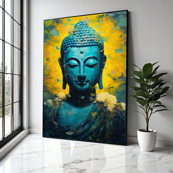 Turquoise Buddha Head Impasto Texture Yellow Glow Art Poster