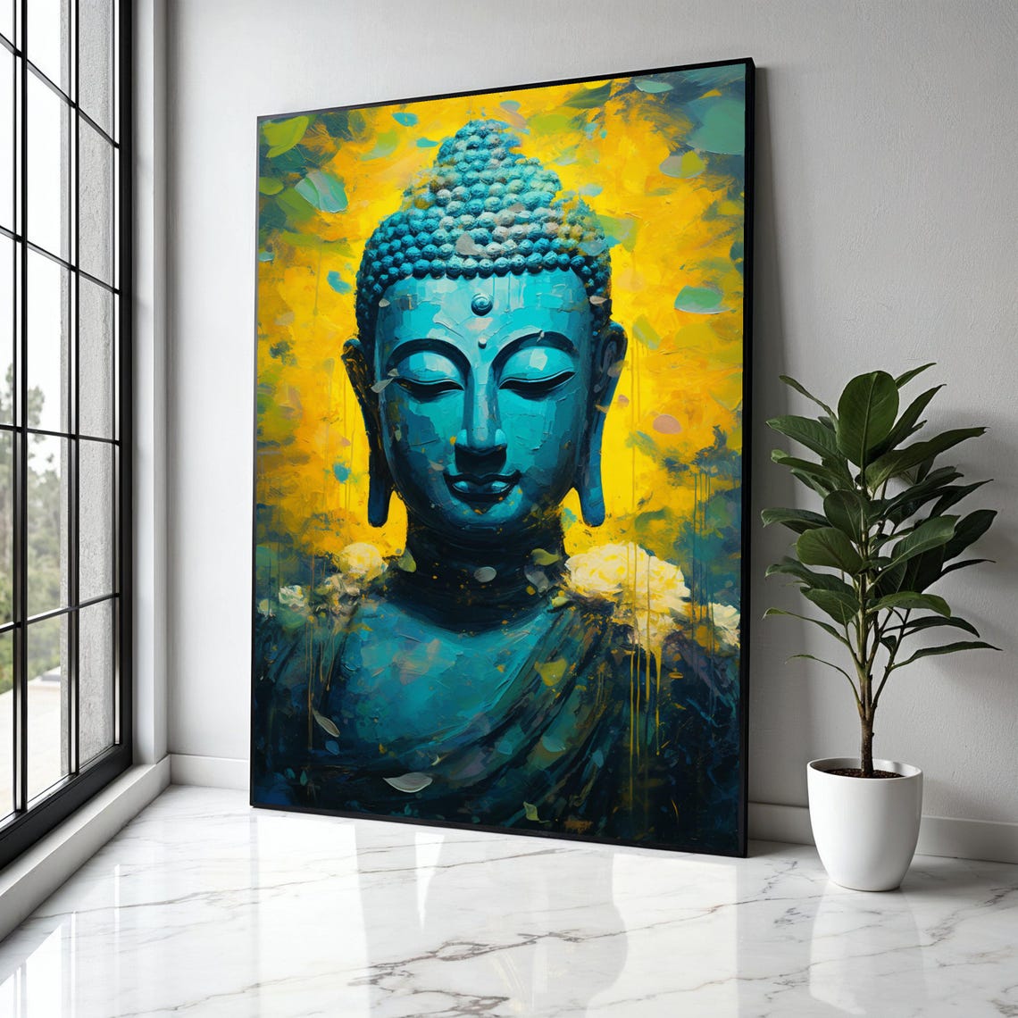 Turquoise Buddha Head Impasto Texture Yellow Glow Art Poster
