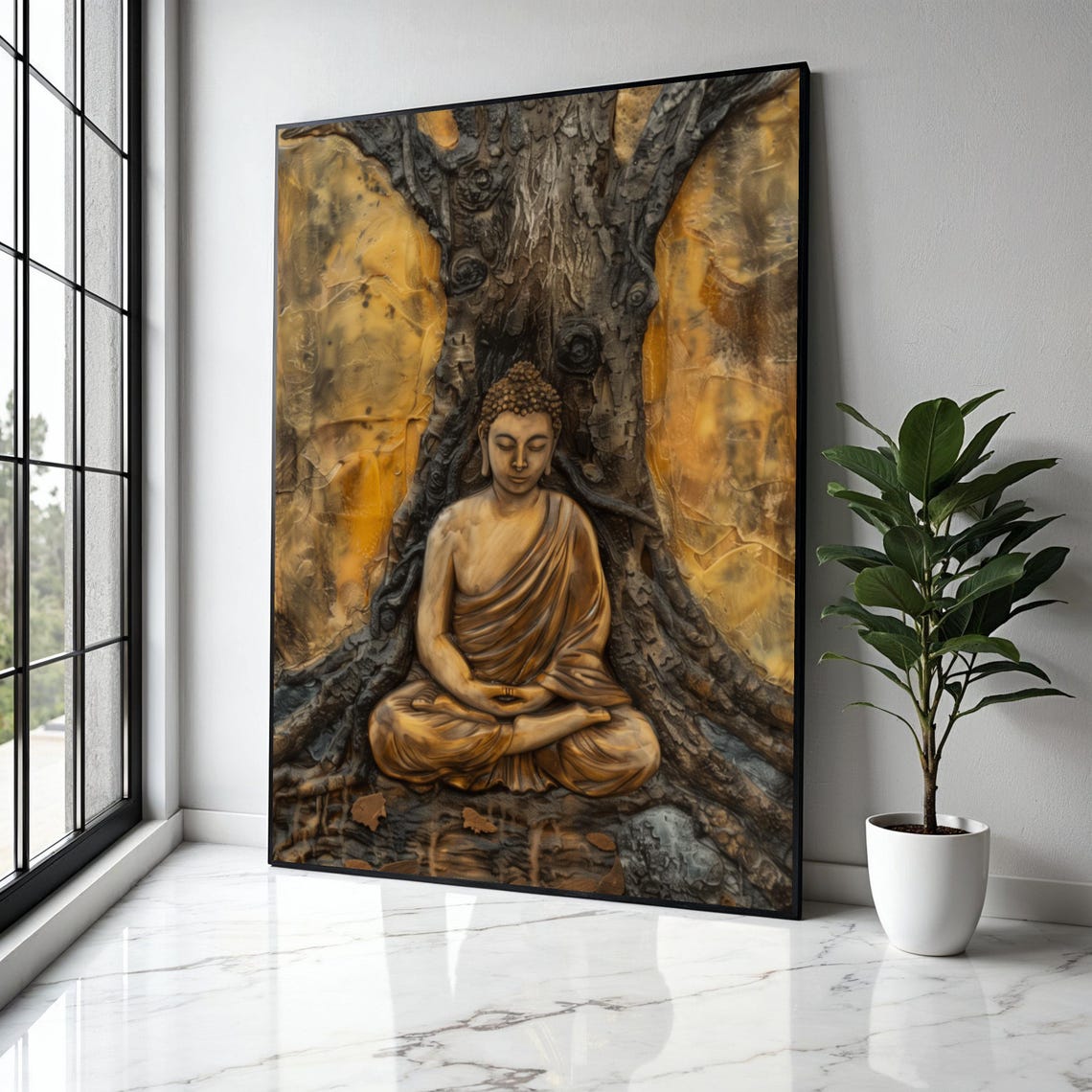 Golden Buddha Under Ancient Tree Sculpted Relief Zen Art Poster