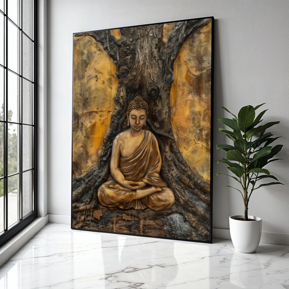 Golden Buddha Under Ancient Tree Sculpted Relief Zen Art Poster