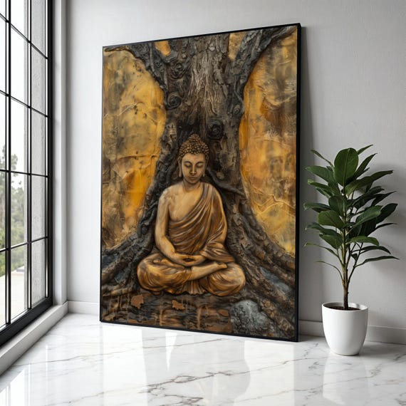 Serene Buddha Meditation Canvas Spiritual Wall Art Zen Statue Artwork Tranquil Home Decor Under Tree Gift Print