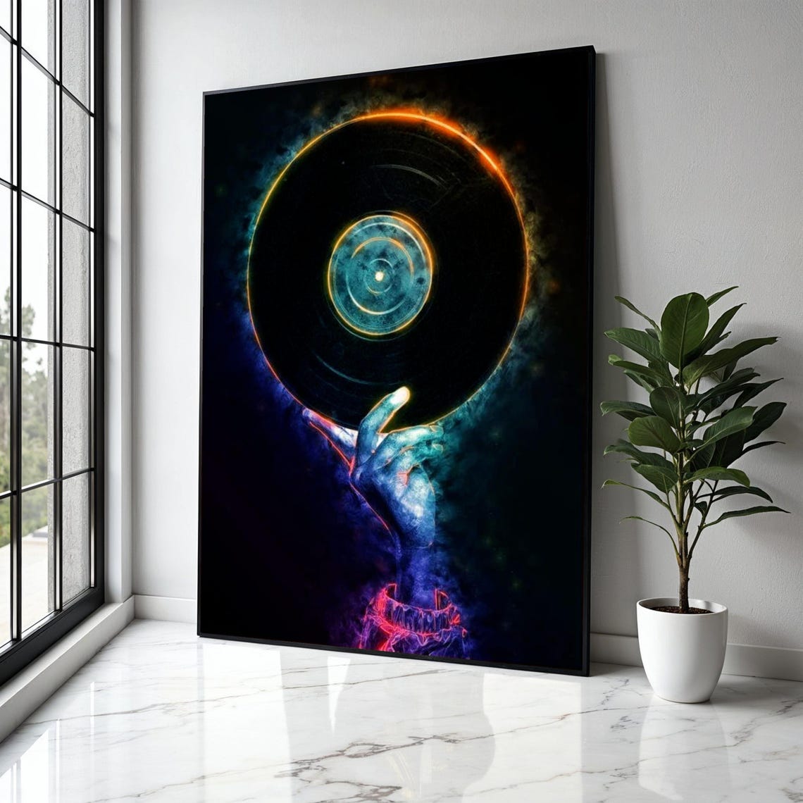 Neon Hand Holding Vinyl Record Retro Music Party Glow Wall Poster