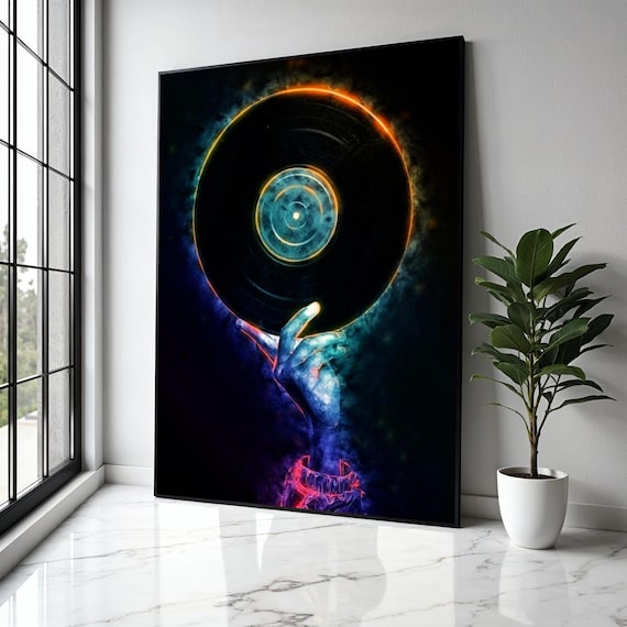 Neon Hand Holding Vinyl Record Retro Music Party Glow Wall Poster