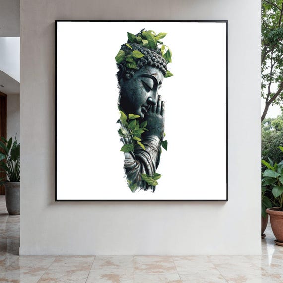 Meditative Buddha Statue Canvas Wall Art Green Leaf Nature Decor Zen Spiritual Tranquil Home Gift Print