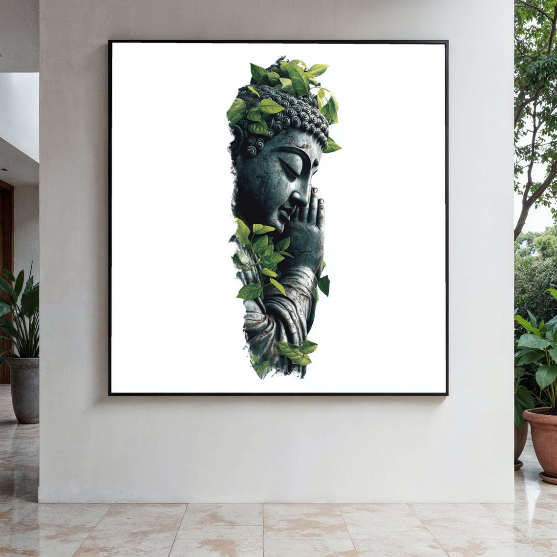 Serene Buddha Statue Half Veiled In Green Leaves White Poster