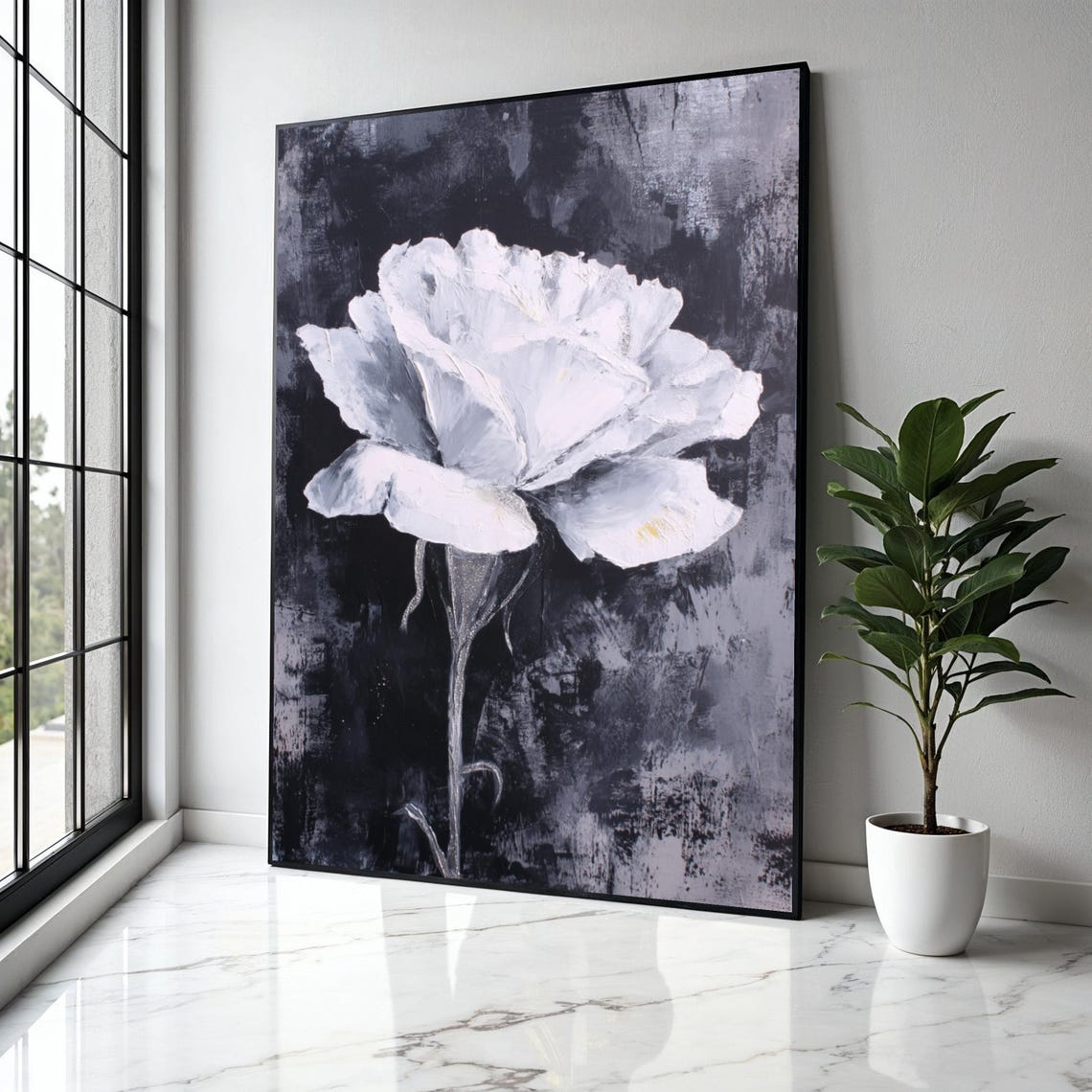 White Rose Black Background Monochrome Dramatic Floral Art Poster
