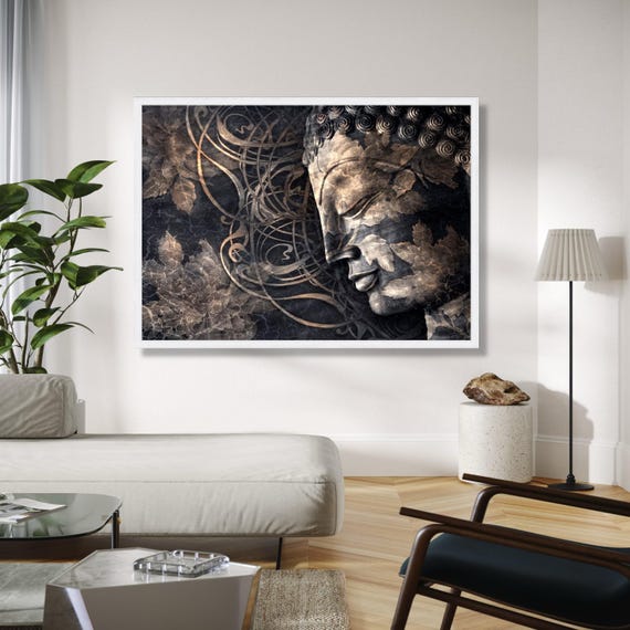 Serene Buddha Face Canvas Spiritual Wall Art Zen Meditation Decor Tranquil Home Decoration Abstract Leaf Gift Print