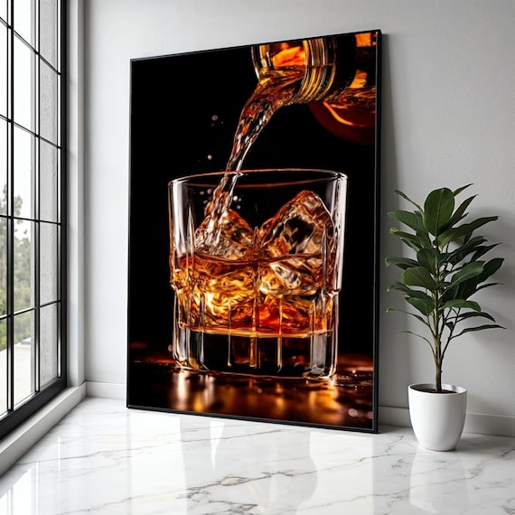Whiskey Pouring Into Rocks Glass Ice Splash Dramatic Bar Poster