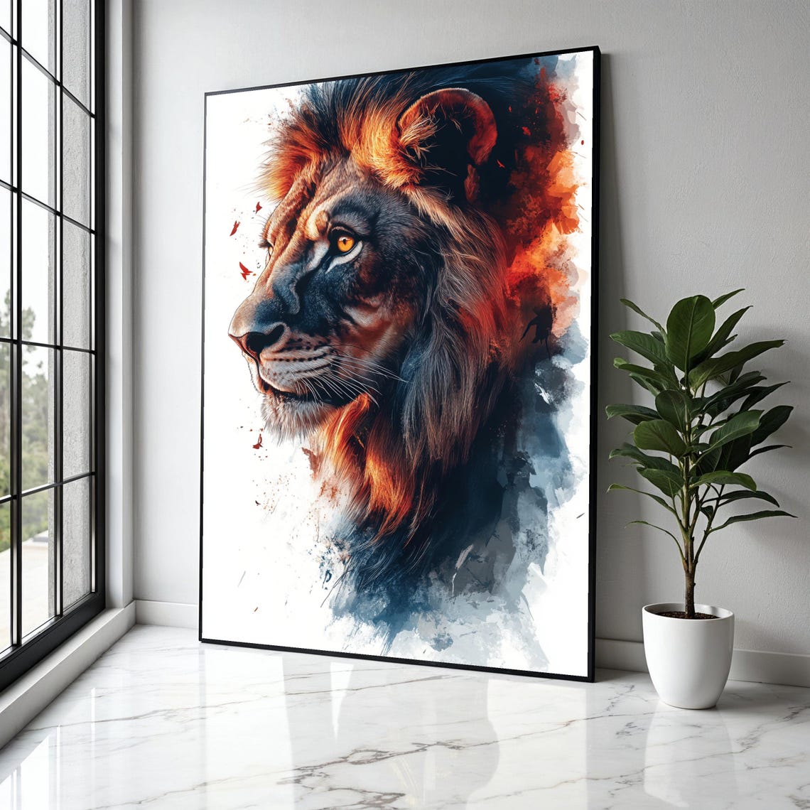 Fiery Mane Lion Profile Orange Watercolor Splash Wildlife Poster