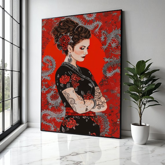 Elegant Tattooed Woman Canvas Red Floral Dress Wall Art Asian Dragon Background Modern Portrait Home Gift Decor Print