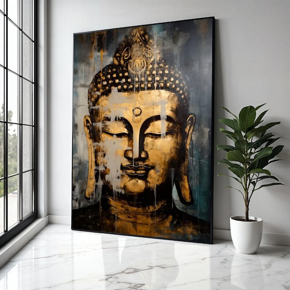 Golden Buddha Face Abstract Painting With Paint Drips on Dark Teal Poster