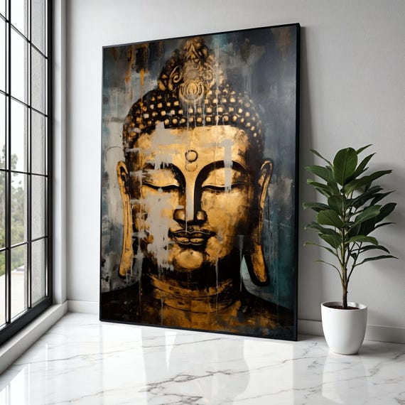 Golden Buddha Face Canvas Abstract Spiritual Wall Art Zen Meditation Decor Asian Inspired Painting Gift Home Print
