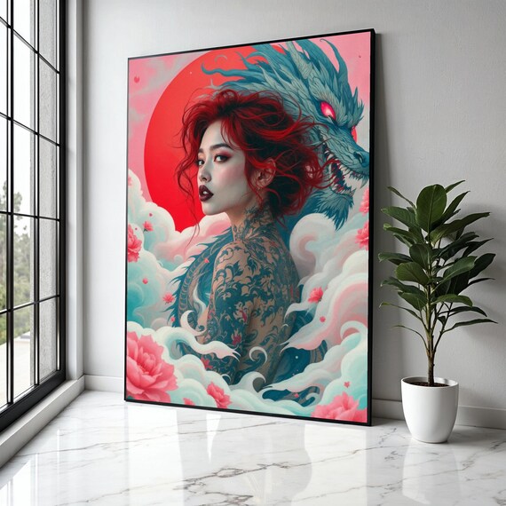 Mystic Redhaired Woman With Dragon Tattoo Canvas Japanese Art Floral Cloud Wall Decor Asian Fantasy Gift Home Print