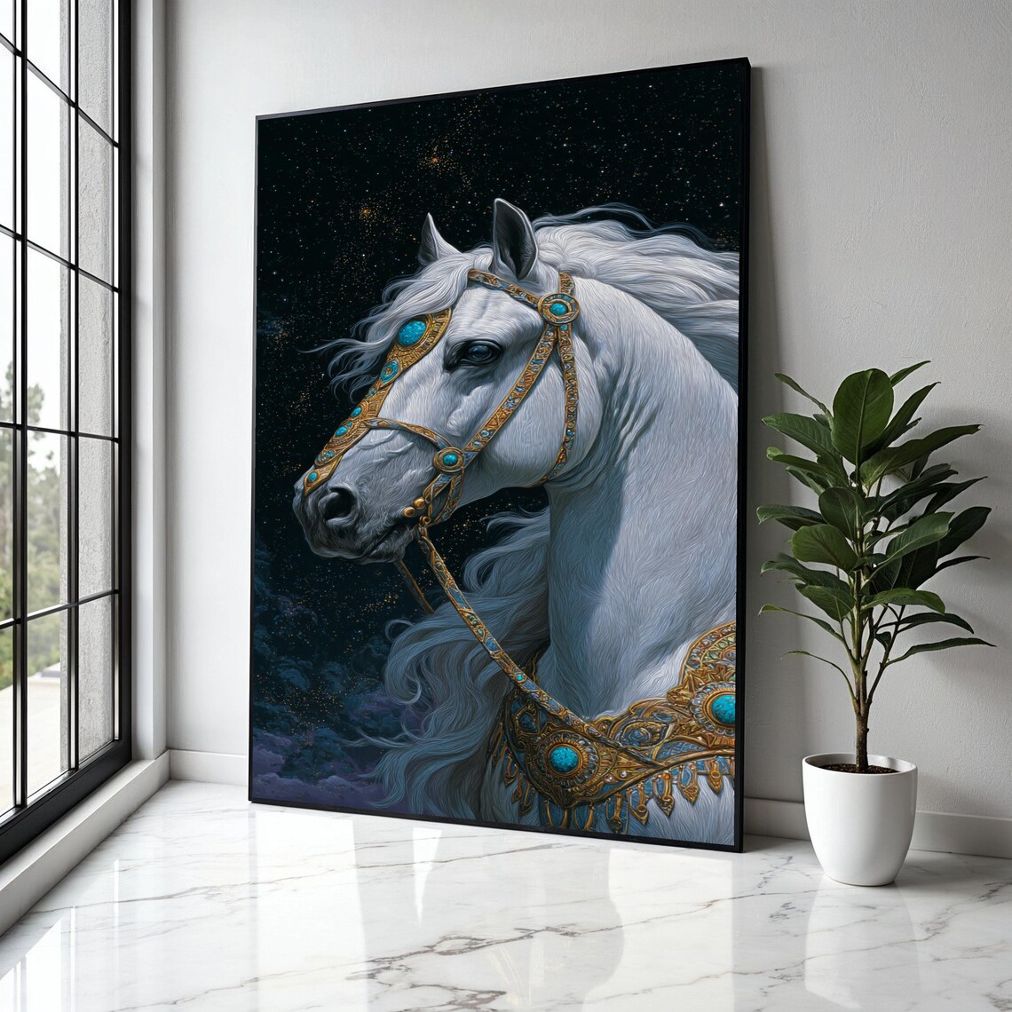 White Arabian Horse Portrait With Jeweled Gold Bridle Wall Art