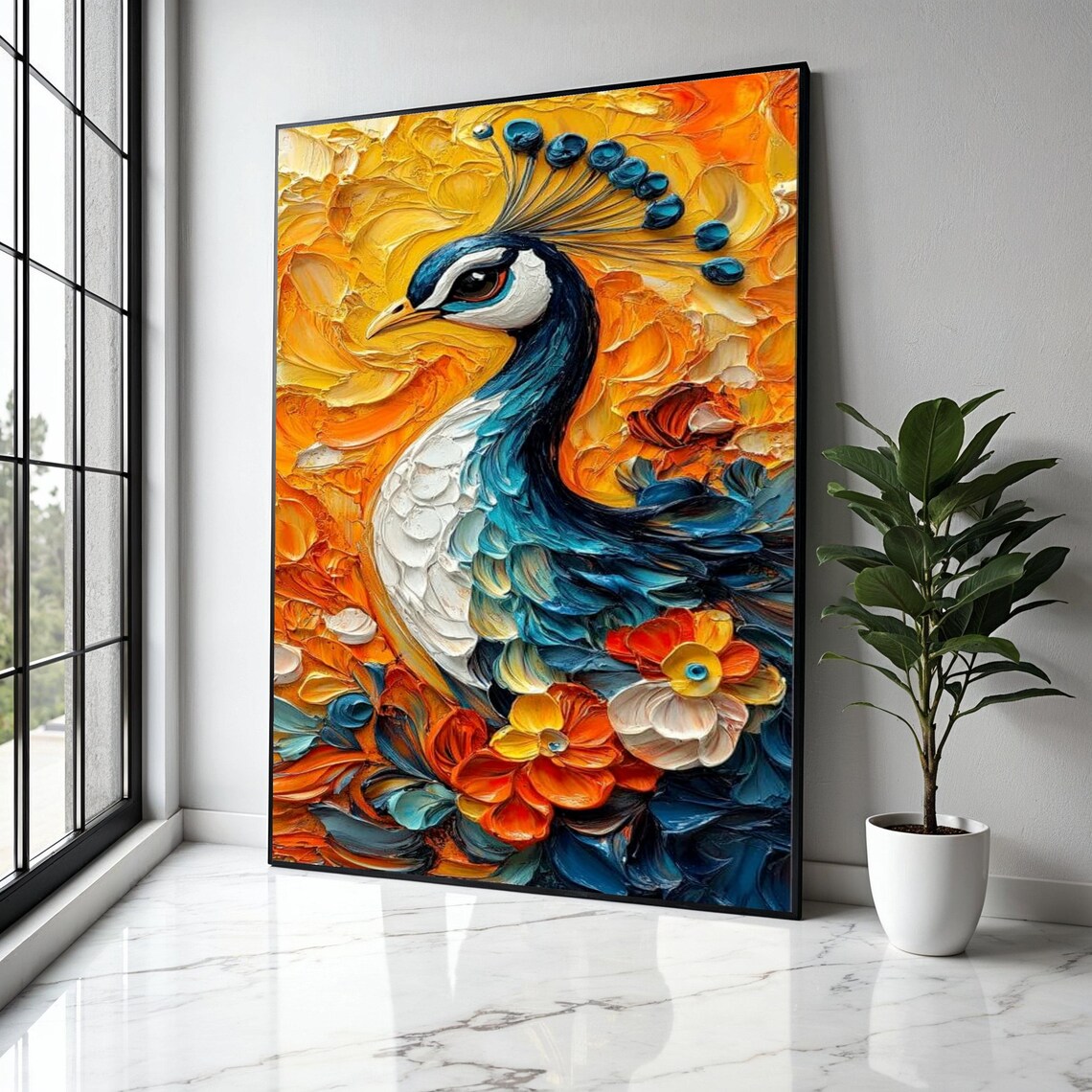 Peacock Impasto Oil Painting Fiery Orange Blue Floral Art Poster