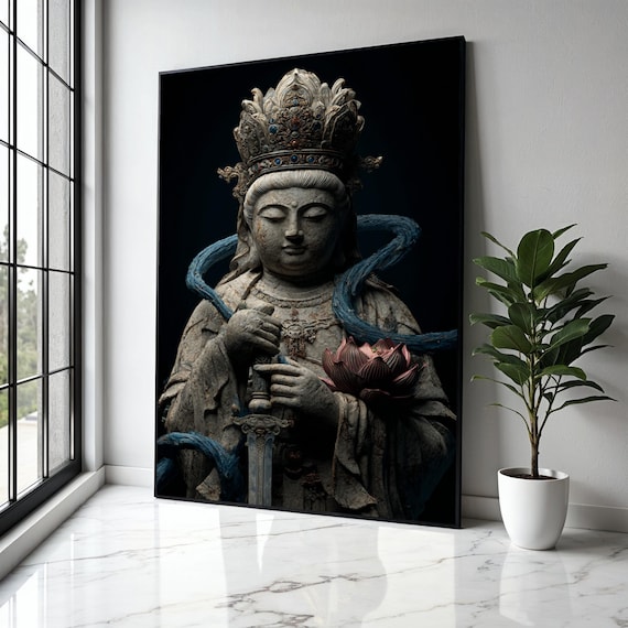 Serene Bodhisattva Statue Antique Crowned Sculpture Dark Zen Poster