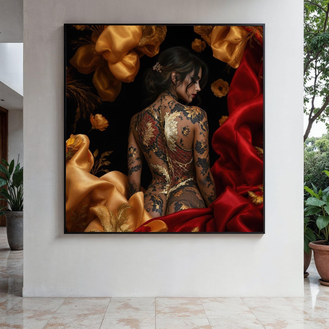 Golden Japanese Tattoo Woman Dark Silk Fabric Elegant Poster