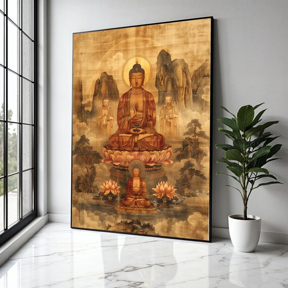 Antique Buddha Assembly Lotus Throne Scroll Style Art Poster