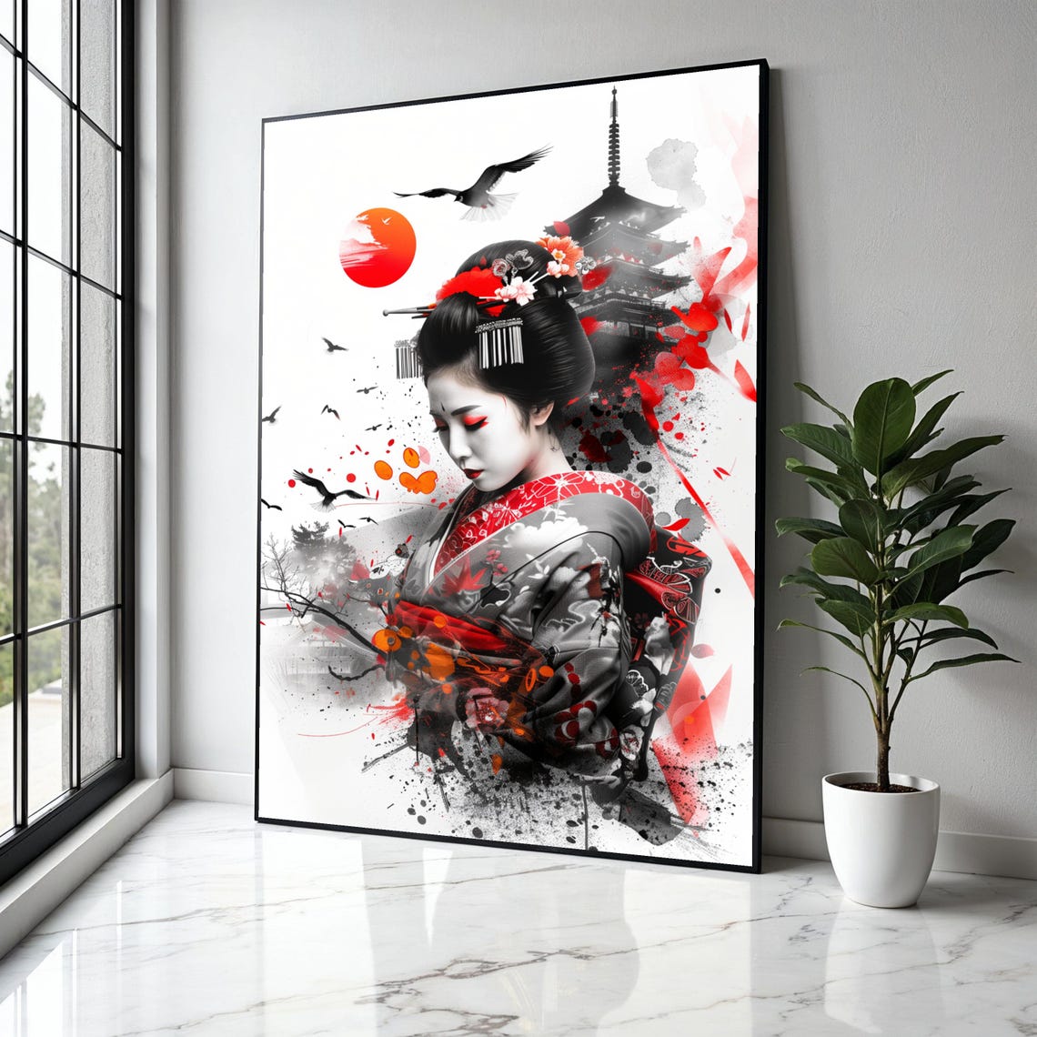 Geisha Kimono Portrait Red Sun Pagoda Japanese Ink Style Poster
