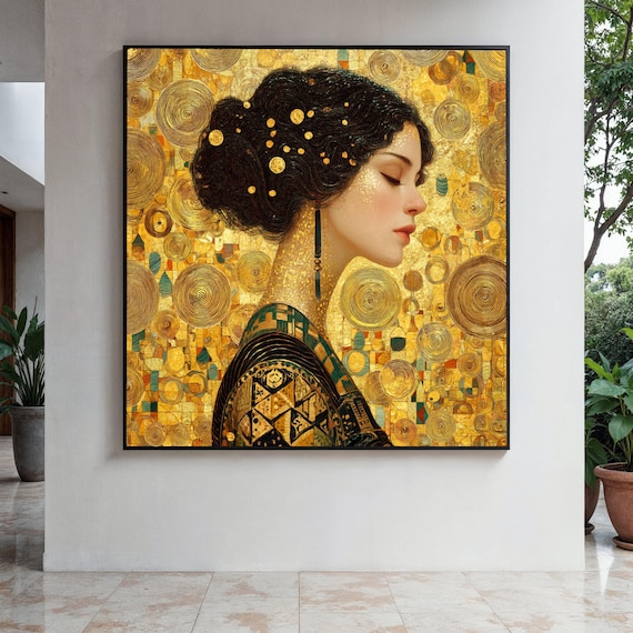 Golden Klimt Style Woman Profile Ornate Circle Pattern Poster