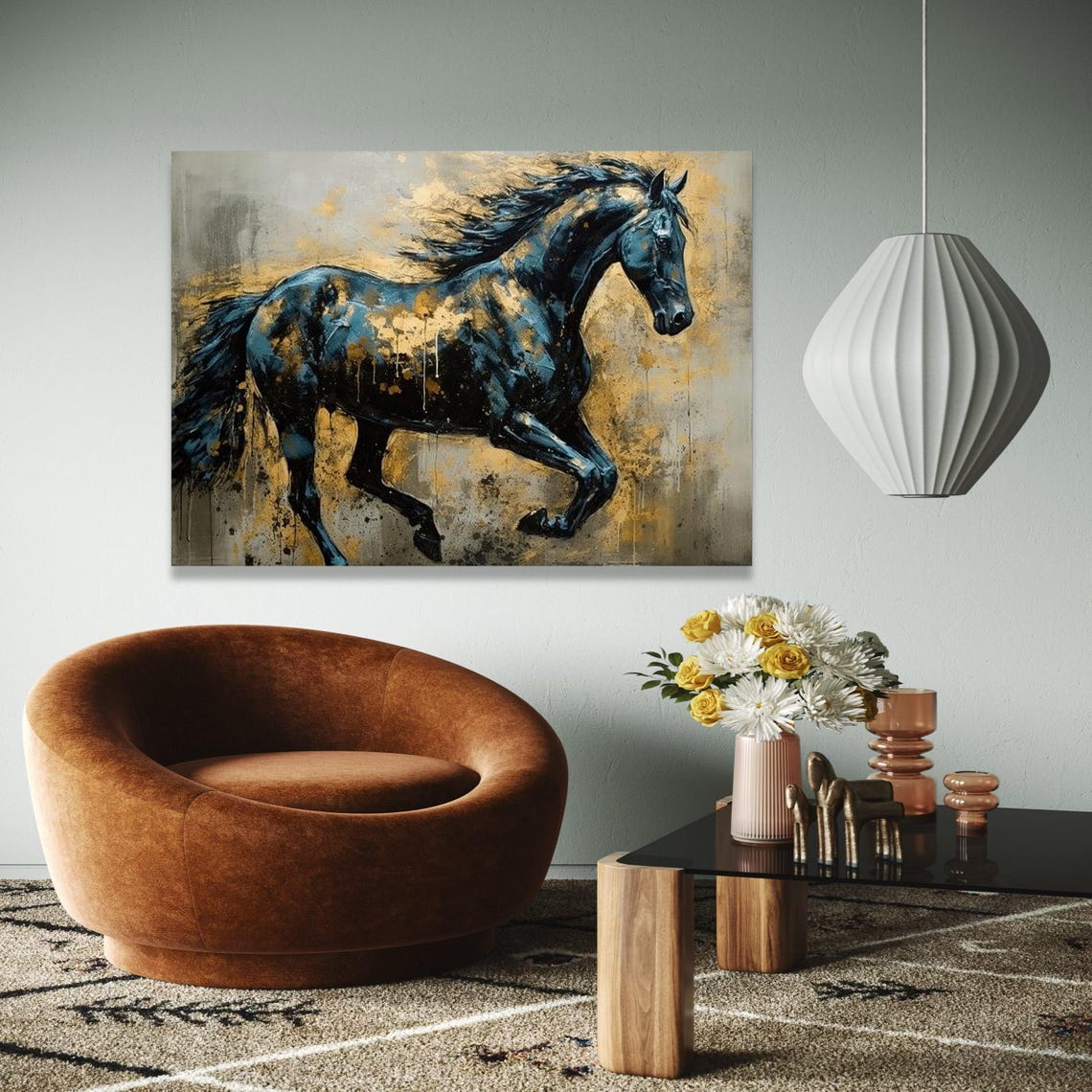 Galloping Dark Horse Splashing Gold Abstract Equine Action Art Poster