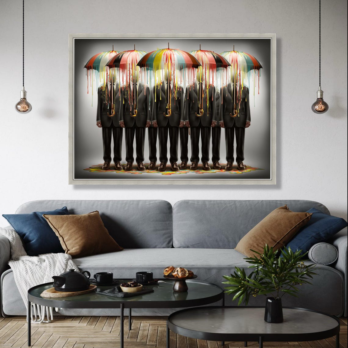 Surreal Businessmen Dripping Colorful Umbrellas Whimsical Poster