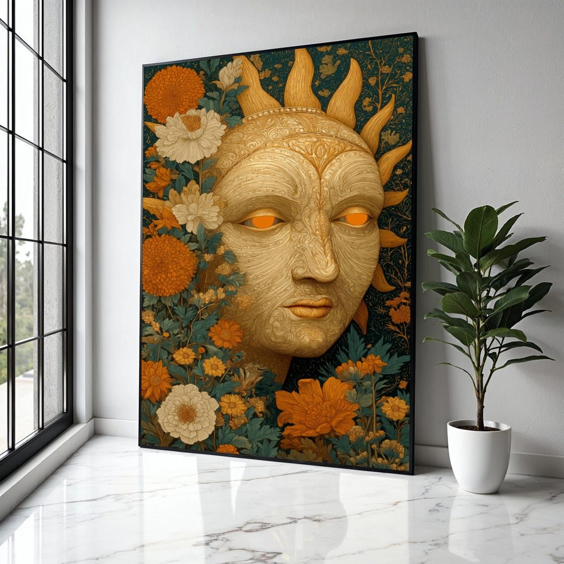 Golden Sun Face Floral Celestial Vintage Art Nouveau Style Poster