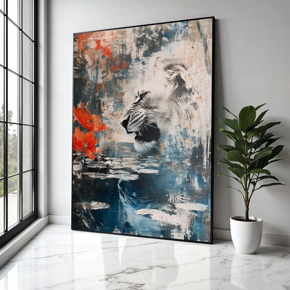 Abstract Lion Portrait Canvas Wildlife Wall Art Nature Inspired Decor Floral And Animal Painting Gift Home Print