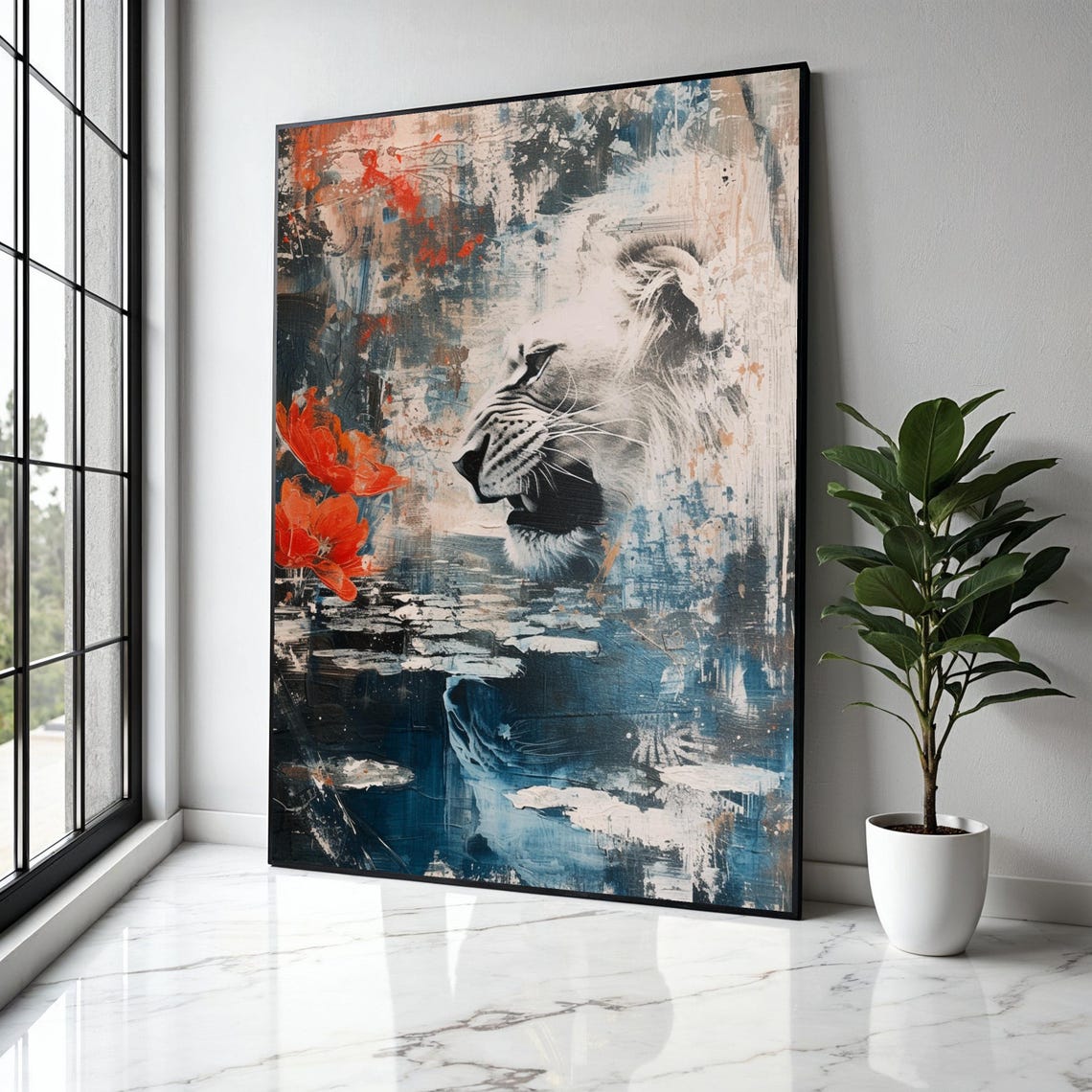 White Lion Abstract Blue Oil Painting Red Flower Wildlife Poster