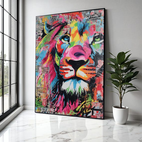 Vibrant Lion Face Canvas Wall Art Colorful Animal Portrait Abstract Wildlife Painting Bold Modern Decor Gift Home Print