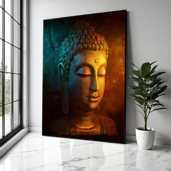 Buddha Head Amber and Teal Cinematic Light Dramatic Portrait Poster