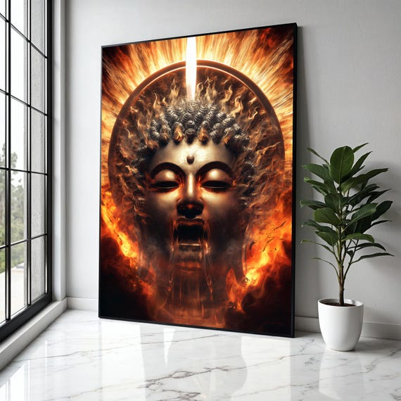 Fiery Buddha Face Canvas Spiritual Wall Art Enlightenment Flames Decoration Mystical Meditation Zen Gift Home Decor Print