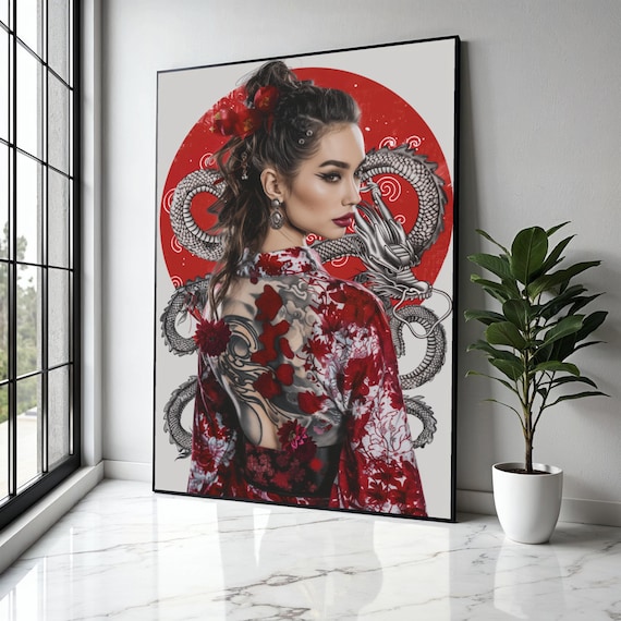 Elegant Geisha Woman Canvas Red Dragon Tattoo Art Japanese Kimono Wall Decor Asian Style Portrait Gift Home Print